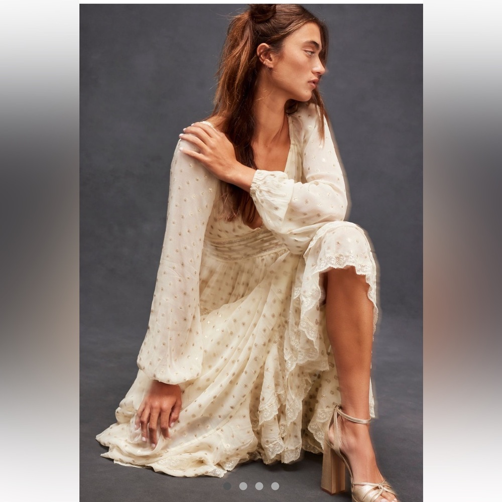 Free People Rococo Sand Emi Long Sleeved Dress Ruffle Lace Trim Metallic Ivory